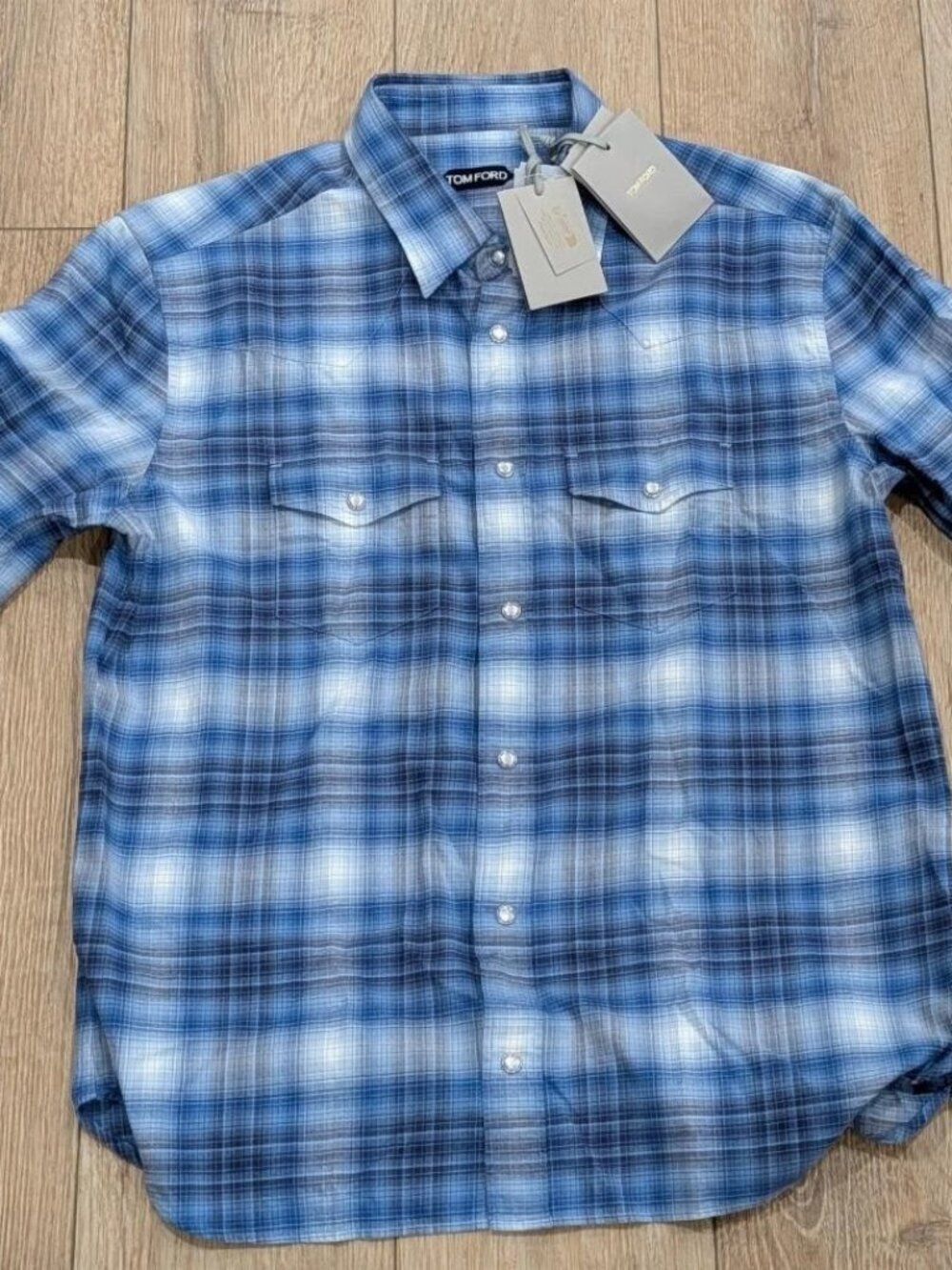 $990 TOM FORD Defused Check Cotton Snap-Up Western Shirt Light Blue 42